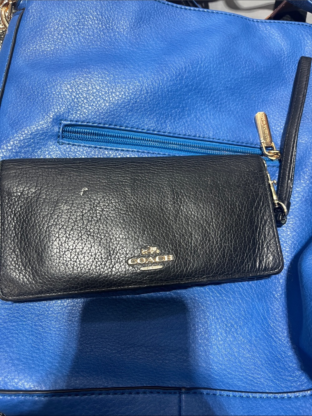 Coach Black Leather Wristlet Wallet with Gold Logo damage